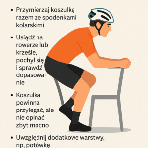 rysunek AI z kolarzem w pozycji przymierzania odzieży kolarskiej. jak przymierzać odzież kolarską.